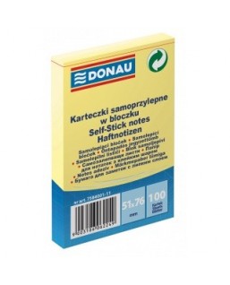 Bloczek samoprzylepny DONAU, 51x76mm, 1x100 kart., jasnożółty